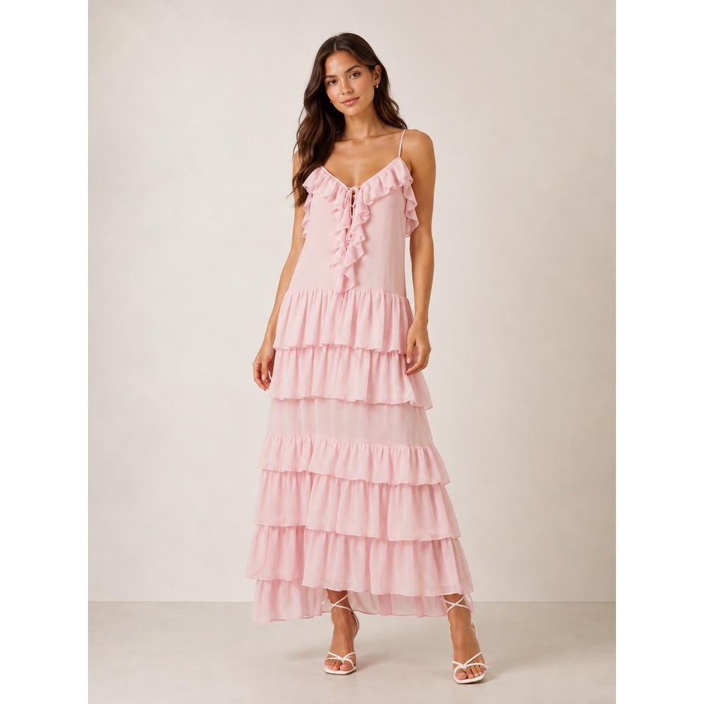 NWT Torn by Ronny Kobo Oracadia Dress Pink Ruffle Tiered Maxi Romantic Small